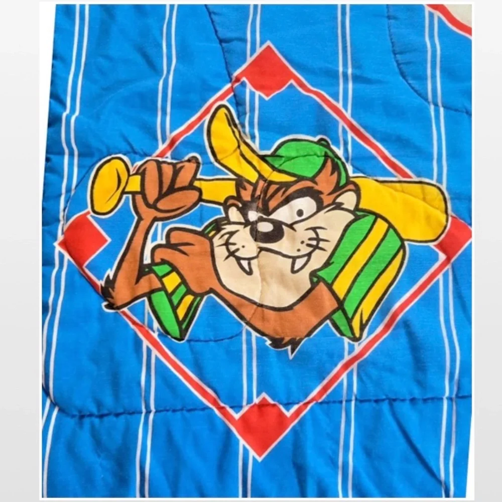 Vtg 90s Looney Tunes Blanket Twin Comforter Baseball Bugs Bunny Taz Daffy Wiley